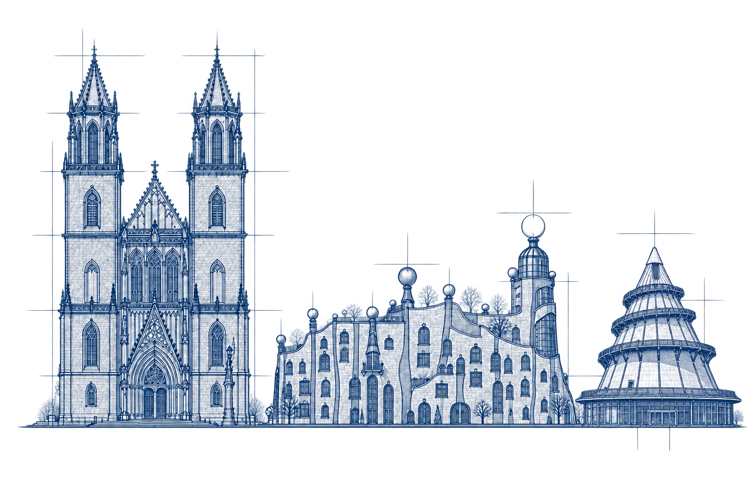 Feine Architekturzeichnung von Magdeburger Dom, Grüner Zitadelle und Jahrtausendturm mit Fassadendetails und Konstruktionslinien.